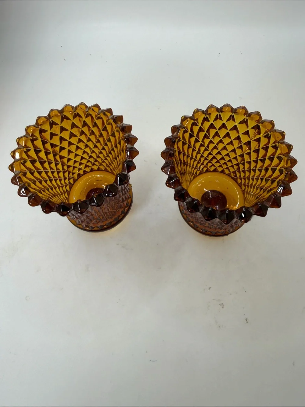 Pair Vintage Honey Amber Diamond Cut Glass Votive Cup Candle Tulip.